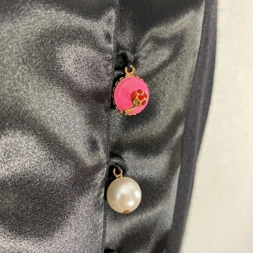 Edward Achour Paris Black Wool Silk Faux Pearl Button Shift Dress 14 W8